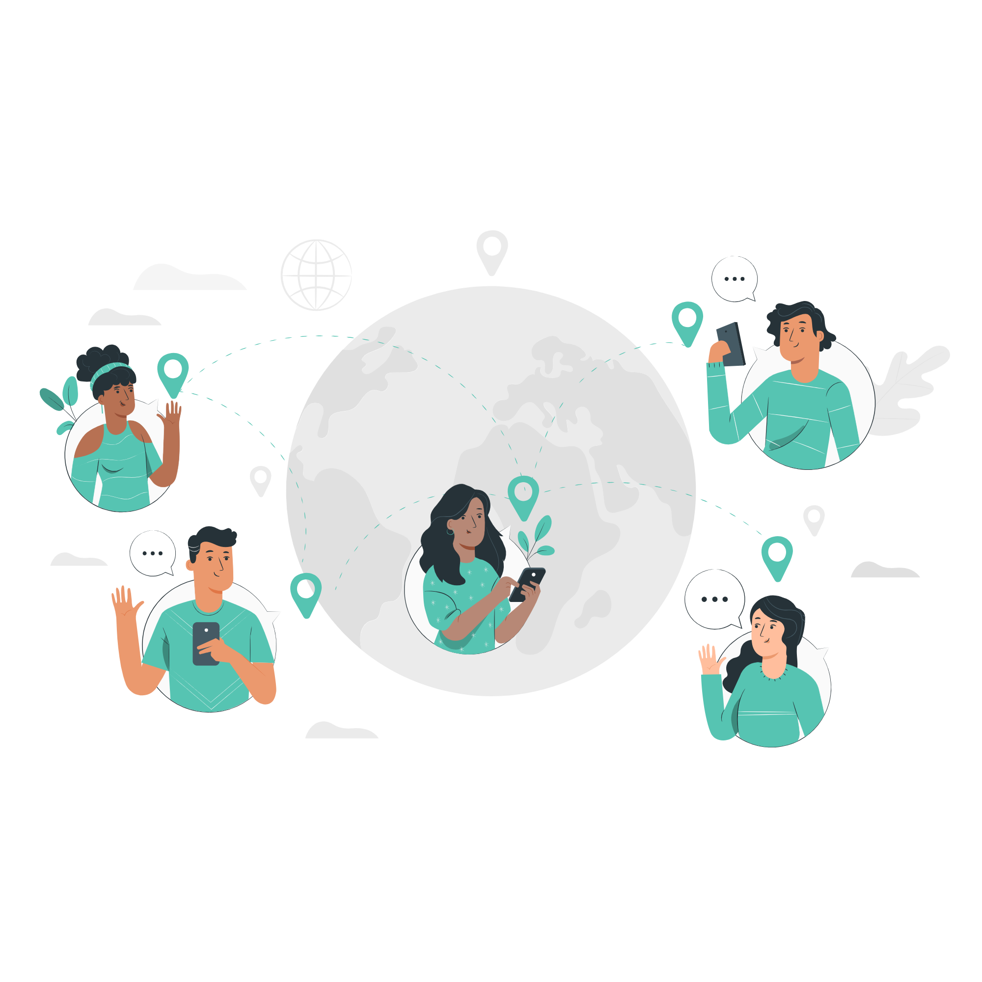 Illustration of globe with 5 differenc characters communicating